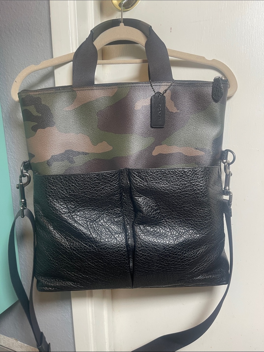 Coach Men's Camo and Black Leather Messenger Bag